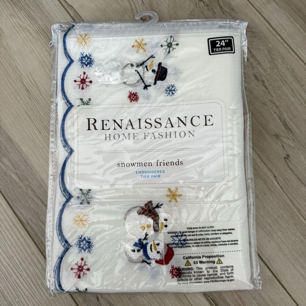 Renaissance Home Fashion Snowman Friends 24” Embroidered Tier Pair  New